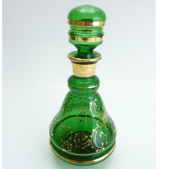 Vintage Green with Gold Accents Glass Bohemian Decanter Potion Bottle - Picture 1 of 5